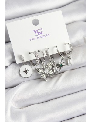Pileli Store Pirinç Zirkon Taşlı Kelebek ve Yıldız Model Gümüş Renk 3'lü Çift Kadın Küpe
