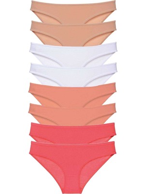 Pileli Store 8 Adet Süper Eko Set Likralı Kadın Slip Külot Ten Beyaz Pudra Fuşya