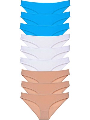 Pileli Store 9 Adet Süper Eko Set Likralı Kadın Slip Külot Ten Beyaz Mavi