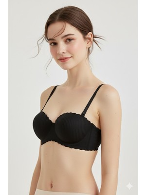 Pileli Store Lazer Kesim Dolgulu Telsiz  Iz Yapmaz Sütyen Siyah