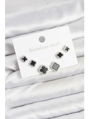 Pileli Store 316L Çelik Gümüş Renk Zirkon Taşlı Yonca Model Kadın Küpe Seti