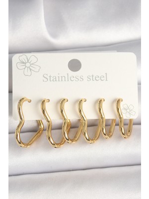Pileli Store 316L Çelik Gold Renk Kalp Model Kadın Küpe Seti