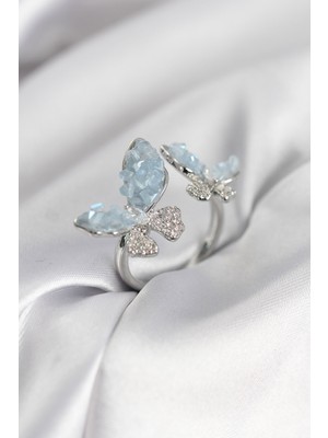 Pileli Store Gümüş Renk Mavi Kelebek Model Zirkon Taşlı Kadın Yüzük