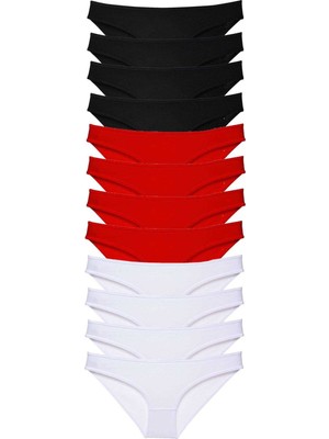 Pileli Store 12 Adet Süper Eko Set Likralı Kadın Slip Külot Siyah Kırmızı Beyaz