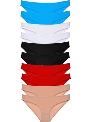 Pileli Store 10 Adet Süper Eko Set Likralı Kadın Slip Siyah Kırmızı Ten Beyaz Mavi