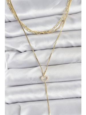 Pileli Store Pirinç Gold Renk Kalp Detaylı 3'lü Kombin Y Kadın Kolye