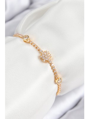 Pileli Store Pirinç Zirkon Taşlı Kar Tanesi Model Gold Renk Asansörlü Kadın Bileklik