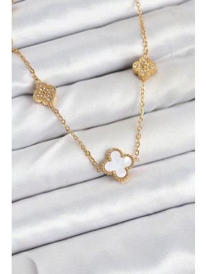 Pileli Store 316L Çelik Zincir Gold Renk Beyaz ve Zirkon Taşlı Yonca Kadın Kolye