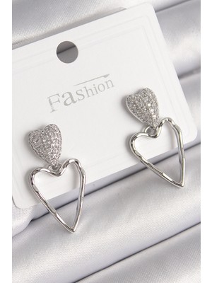 Pileli Store Pirinç Gümüş Renk Zirkon Taşlı Kalp Model Kadın Küpe