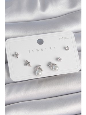 Pileli Store Pirinç Gümüş Renk Zirkon Taşlı Kelebek Model Inci Detay 925 Ayar Gümüş Çivi Kadın Küpe