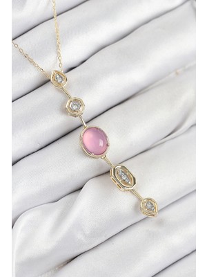 Pileli Store Pirinç Zincir Pembe Gold Renk Zirkon Taşlı Y Kolye