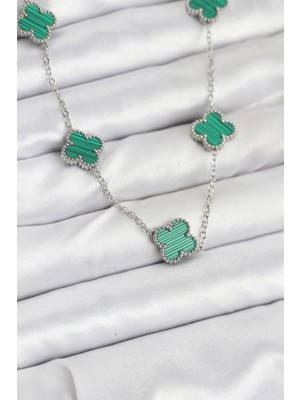Pileli Store 316L Çelik Zincir Gümüş Renk Yeşil Yonca Kadın Kolye