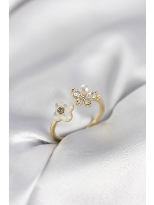 Pileli Store Gold Renk Sedefli Çiçek Model Kadın Yüzük