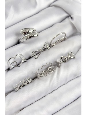 Pileli Store Pirinç Zirkon Taşlı Fiyonk ve Kalp Model Gümüş Renk Kadın Yüzük Kombin Set