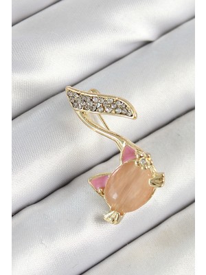 Pileli Store Zirkon Taşlı 3D Kedi Detaylı Nota Figürlü Gold Renk Kadın Broş