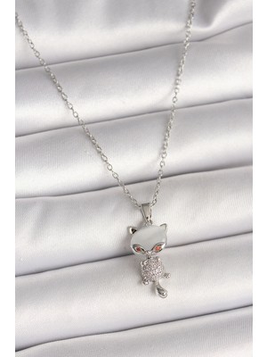 Pileli Store 316L Çelik Gümüş Renk Zincir Zirkon Taşlı Kedi Model Kadın Kolye