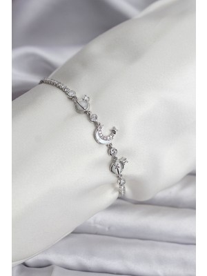 Pileli Store Charmlı Model Zirkon Taşlı Gümüş Renk Su Yolu Kadın Bileklik