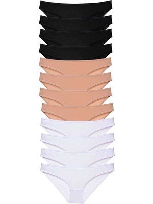 Pileli Store 12 Adet Süper Eko Set Likralı Kadın Slip Külot Siyah Ten Beyaz