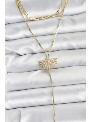 Pileli Store Pirinç Gold Renk Zirkon Taşlı Yelpaze Model Detaylı 3'lü Kombin Y Kadın Kolye