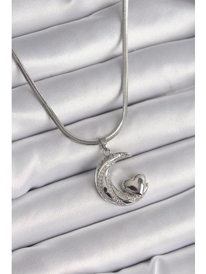 Pileli Store 316L Çelik Gümüş Renk Italyan Zincir Zirkon Taşlı Halil Figür Kalp Detay Kadın Kolye