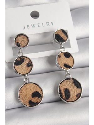 Pileli Store Pirinç Gümüş Renk 3'lü Daire Plaka Leopar Desenli Kadın Küpe