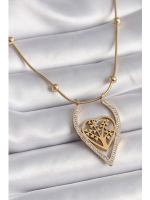 Pileli Store 316L Çelik Gold Renk Zirkon Taşlı Detaylı Kalp Fidan Model Kadın Kolye