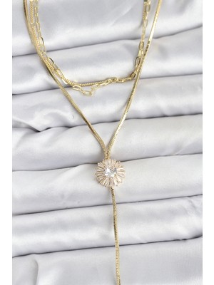 Pileli Store Pirinç Gold Renk Zirkon Taşlı Papatya Model Detaylı 3'lü Kombin Y Kadın Kolye