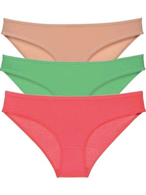 Pileli Store 3 Adet Süper Eko Set Likralı Kadın Slip Külot Ten Yeşil Fuşya