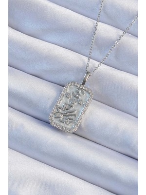 Pileli Store 316L Çelik Zincir Gümüş Renk Zirkon Taşlı Çerçeveli Tarot Kolye