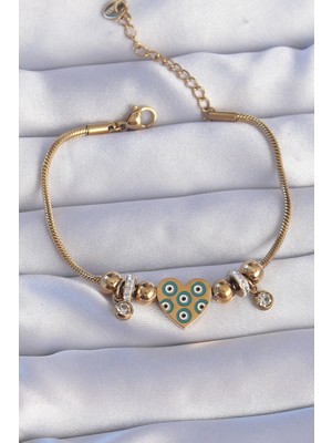 Pileli Store 316L Çelik Gold Renk Zirkon Taşlı Nazarlı Kalp Tasarımlı Bileklik