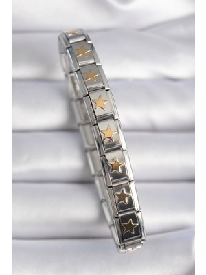 Pileli Store 316L Çelik Gümüş Renk Gold Yıldız Işleme Nomination Charm Bileklik