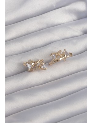Pileli Store Pirinç Gold Renk Iri Zirkon Taşlı Kıvrımlı Minimal Kelebekli Halka Küpe