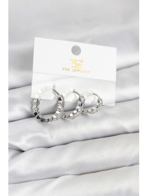 Pileli Store Pirinç Gümüş Renk Zirkon Taşlı Petek Halka Model Ysx Trio Küpe Seti