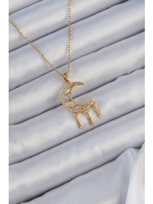 Pileli Store 316L Çelik Zincir Altın Renk Işlemeli Zirkon Taşlı Ay Kolye