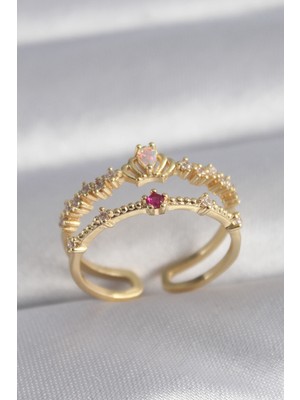 Pileli Store Pirinç Gold Renk Zirkon Taşlı Taç Model Kadın Yüzük