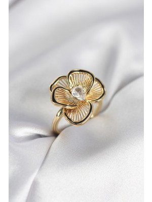 Pileli Store Gold Renk Çiçek Model Vintage Kadın Yüzük