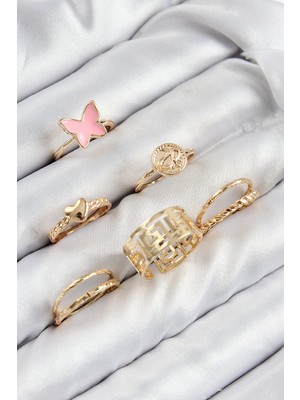 Pileli Store Pirinç Kelebek ve Kalp Model Gold Renk Kadın Yüzük Kombin Set