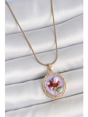 Pileli Store 316L Çelik Gold Renk Zincir Mor Mineli Incili Çiçek Işlemeli Portre Model Kadın Kolye