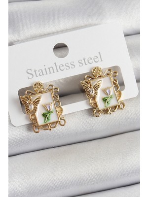 Pileli Store Pirinç Beyaz Mineli Sanatsal Portre Model Gold Renk Kadın Küpe