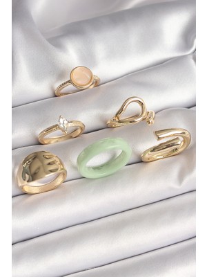 Pileli Store Pirinç Gold Renk Zirkon Taşlı Daire Pembe Mineli Detay 6'lı Kadın Yüzük Seti