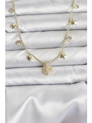 Pileli Store Pirinç Gold Renk Zirkon Taşlı Kutup Yıldızı Model Kadın Kolye