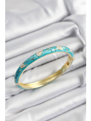 Pileli Store Mineli Pirinç Krem ve Turkuaz Yaprak Motifli Gold Renk Kadın Kelepçe