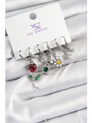 Pileli Store Pirinç Zirkon Taşlı Gül ve Papatya Model Gümüş Renk 3'lü Çift Kadın Küpe
