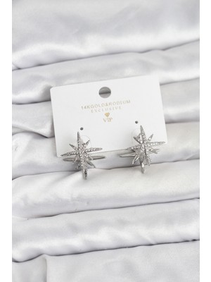 Pileli Store Gümüş Renk Pirinç Çift Taraflı Kutup Yıldızı Kadın Küpe