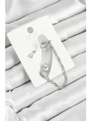 Pileli Store Pirinç Ok Figürlü Zirkon Taşlı Gümüş Renk 3'lü Kıkırdak Kadın Küpe Set