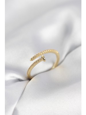 Pileli Store Çivi Model Zirkon Taşlı Gold Renk Kadın Yüzük