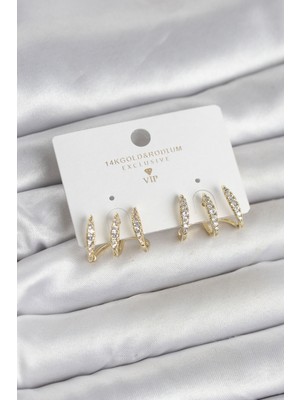 Pileli Store Gold Renk Pirinç Zirkon Taşlı Kadın Küpe