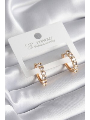 Pileli Store Pirinç Gold Renk Zirkon Taşlı Halka Model Kadın Küpe