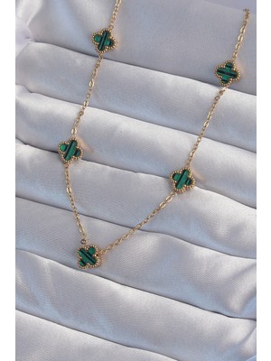 Pileli Store 316L Çelik Gold Renk Minimal Yeşil Mineli Yonca Kolye