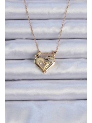 Pileli Store 316L Çelik Zincir Altın Renk Zirkon Taşlı Mıknatıslı Kalp Kolye